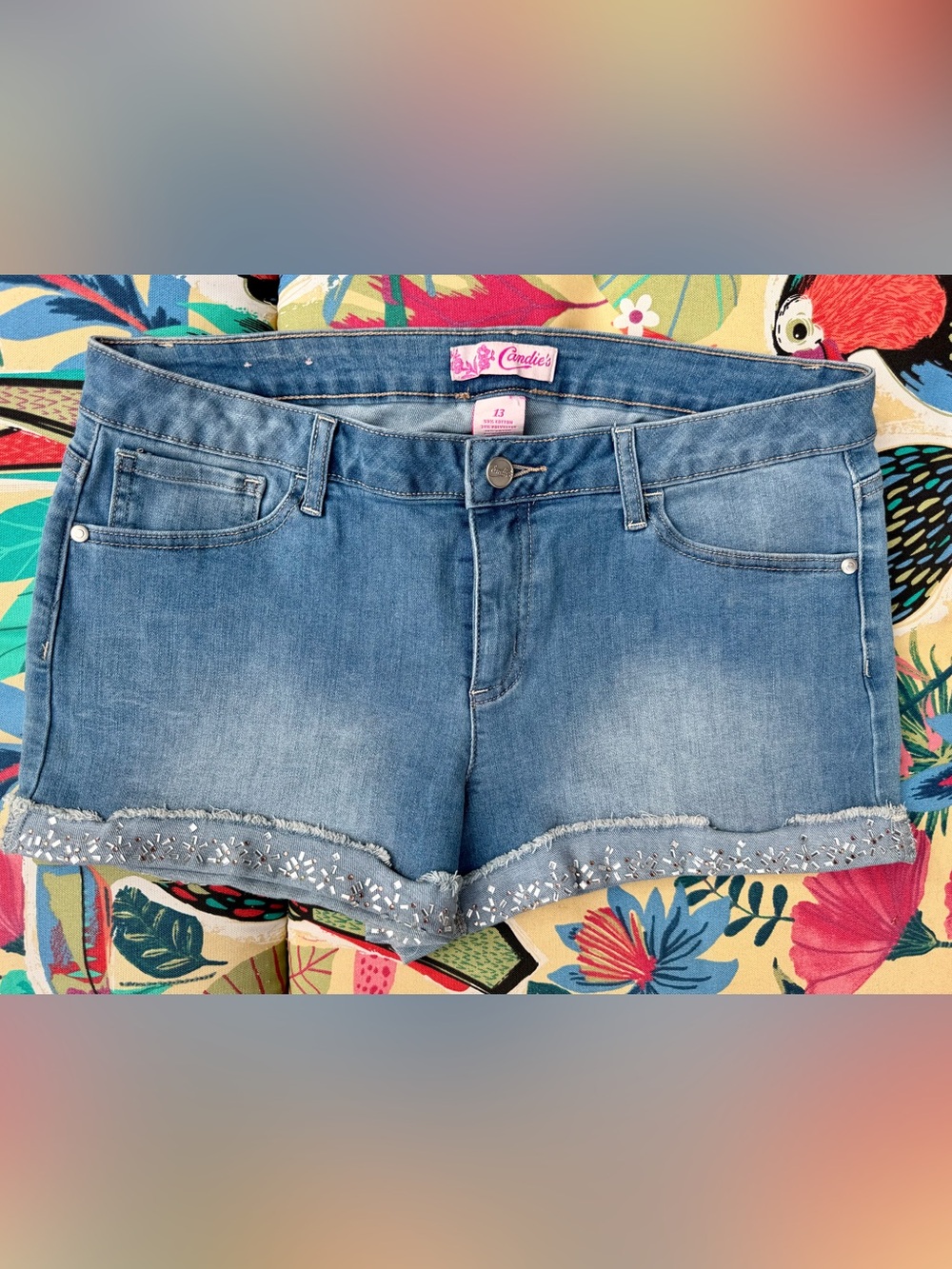 NWOT Candie's Blue Denim Embellished Cutoff Shorts Size 13 Y2K